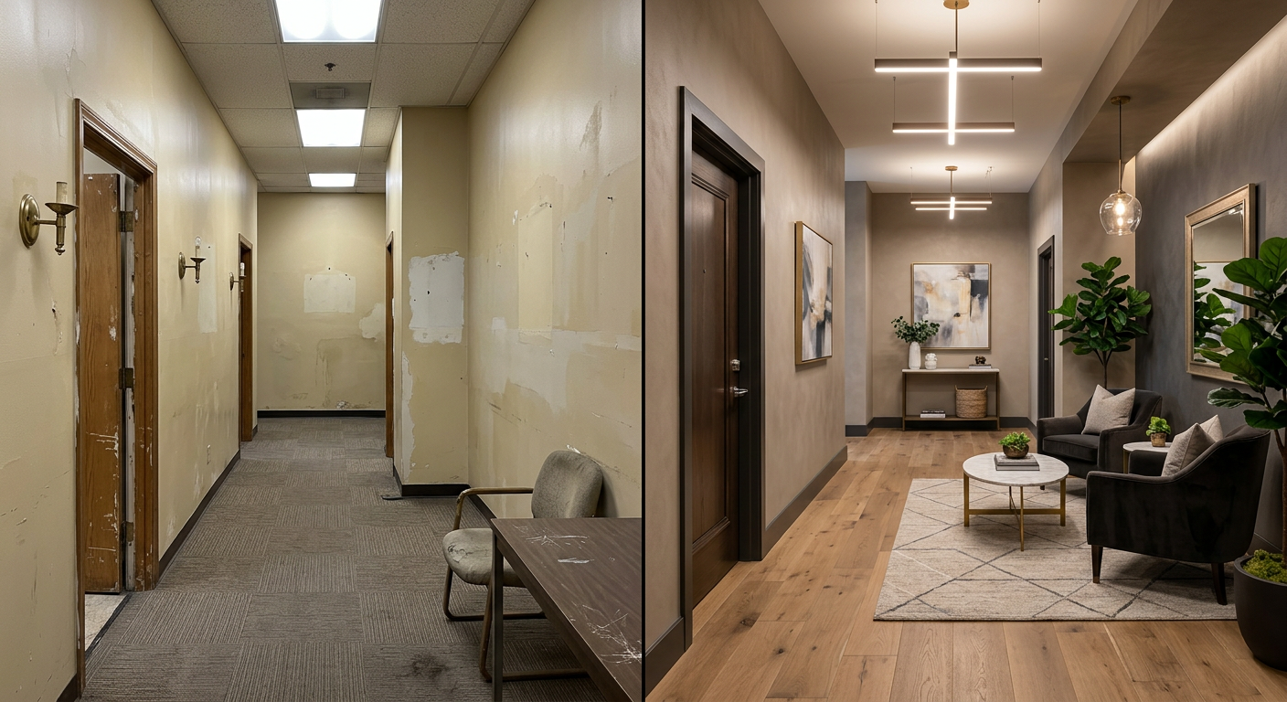 Before and after common area enhancement by DecorAI