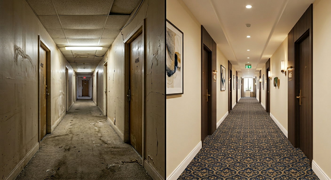 Before and after corridor restoration by DecorAI